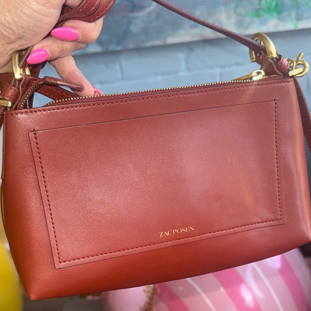 ZAC POSEN Leather Crossbody Bag Brown Gold Chain Strap Chic Small Purse - Picture 6 of 7